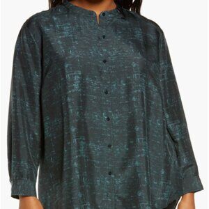 Eileen Fisher Mandarin Collar Silk Button Down Blouse Green